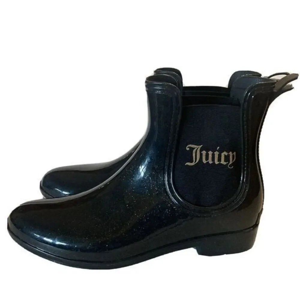 Rain Boots JUICY COUTURE Y2K Rori Black Gold‎ Sparkle Ankle Women's Sz 9 Chelsea